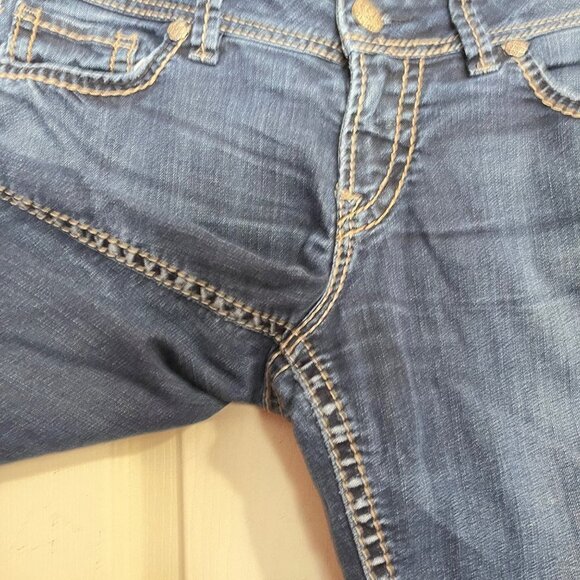 Silver Womens Blue Dark Contrast Stitch Embroidered Pockets Suki Capri Jeans 29 - Picture 8 of 9